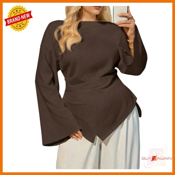 Plus Size Long Sleeve Blouse Ruched Waist Bell Sleeve Asymmetrical Work Top